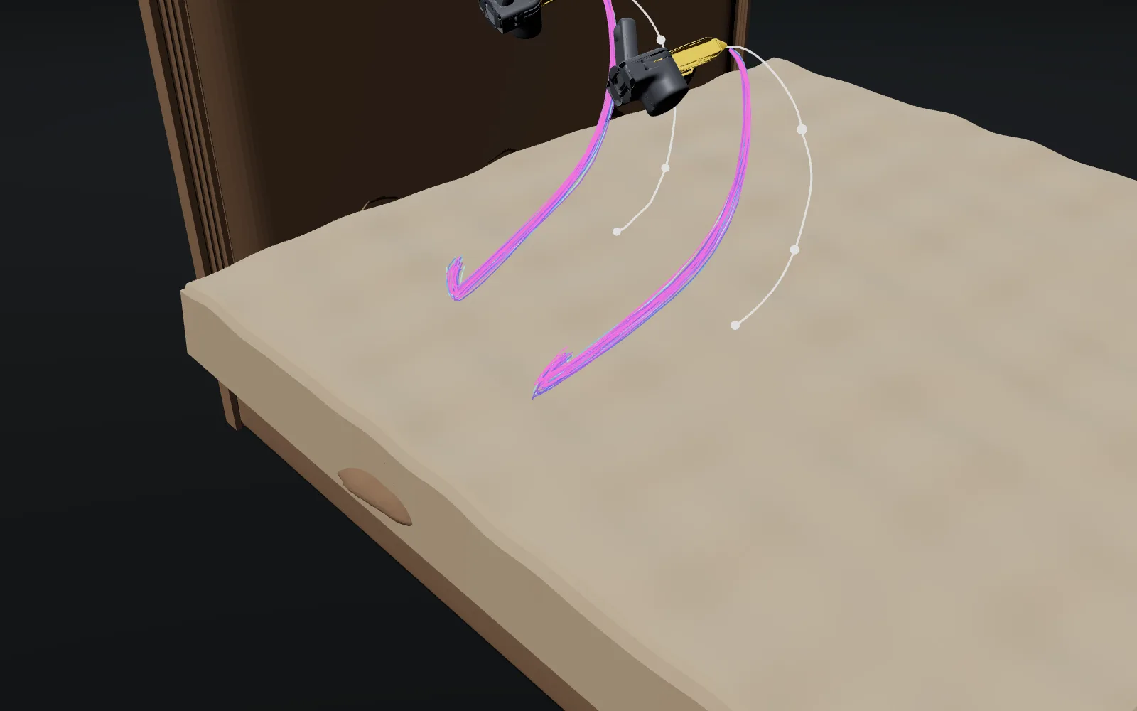 3D view at 7.2 seconds. Both hands are raised above the bed holding the shirt. The policy's samples (magenta) sweep down and toward the bed, while the person's path (white) continues sideways.