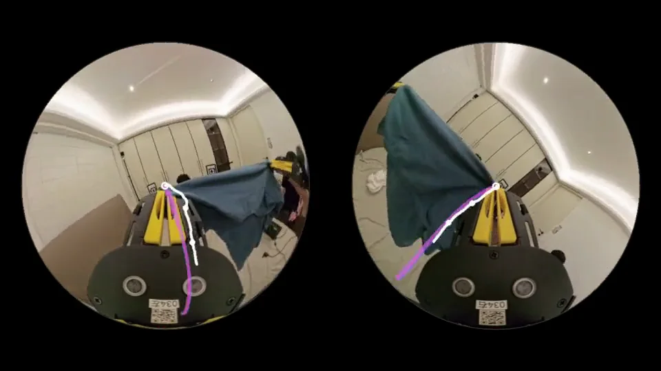 The two fisheye wrist views at 7.2 seconds. A teal shirt hangs from both grippers. In each view a magenta curve goes downward while the white curve stays level.